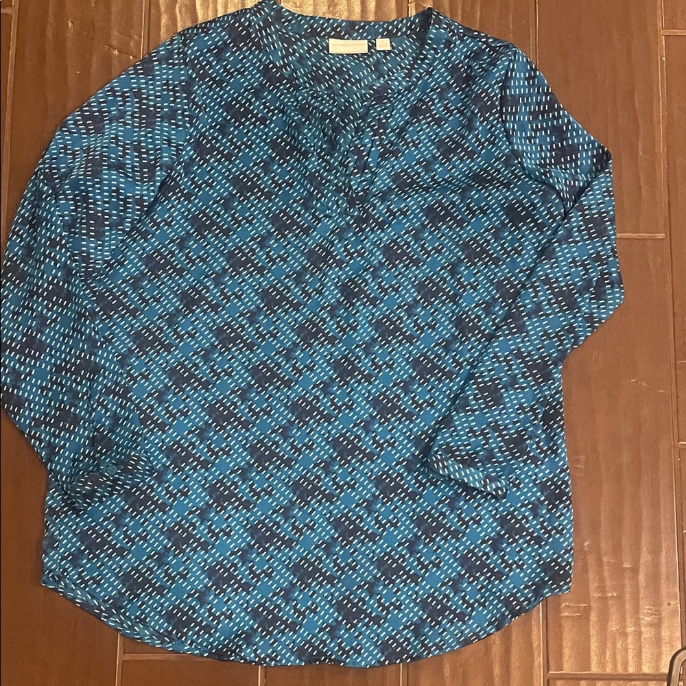 New York & Company Blue and Black Geometric Blouse